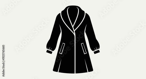 A black silhouette of a long winter coat with a fur lined hood and pockets