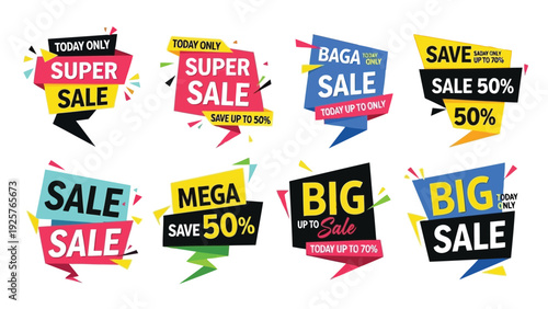Colorful sale discount tags arranged in a vibrant promotional display layout