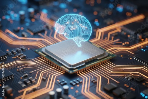 Naklejka Digital brain interface visualizing neural connectivity on a microprocessor background illustrating advanced technology and cognitive evolution in modern computing environments
