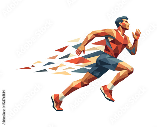 Low-poly vector illustration of a runner surging confidently into the future after the sprint burst, tall upright posture with