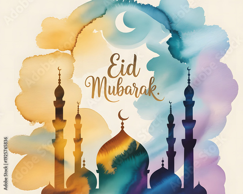 Vector illustration of a mosque floating in the clouds with a city skyline under a night sky and moon in a festive Ramadan design