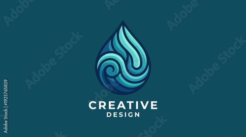 An intricate design showcasing a stylized water drop incorporating swirling waves, perfect for branding that emphasizes creativity and the flow of ideas.