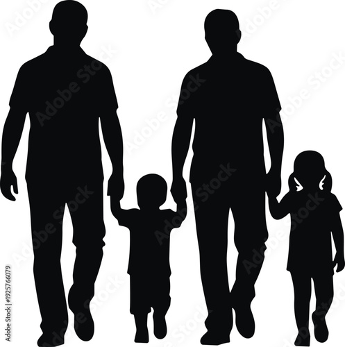 Black silhouettes of gay family walking, two fathers holding hands with their children, diverse parenting and lgbtq love, isolated on white.