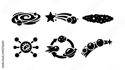 Solid style icons of cosmic distribution of life: galactic path, star-to-star transfer concept, interstellar dust lane, microbe