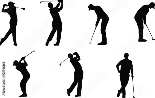 Professional golf player silhouettes, golfer swing action poses, sports man hitting ball, isolated athletic figures, golf club movement on white.