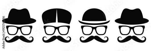 Mustached gentleman icon collection, stylish man with hat, vector set for classic fashion, formal attire, vintage aesthetics, barbershop logos, and digital or print design