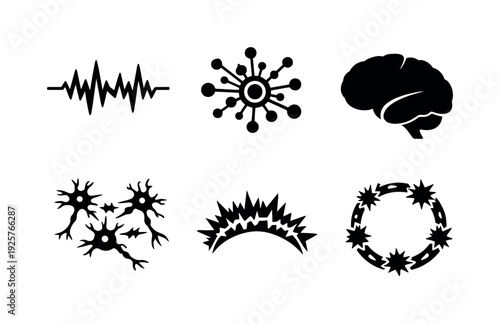 Epileptic Brain Icons. Solid style icons of temporal lobe epileptic activity: abnormal spike waves, seizure focus node, temporal