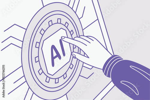 Hand pressing AI button on futuristic interface.