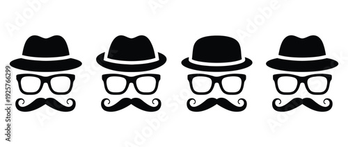 Gentleman icon set, man with mustache and hat vector symbols, multiple style illustrations for fashion, vintage style, retro design, barbershop branding, and character design