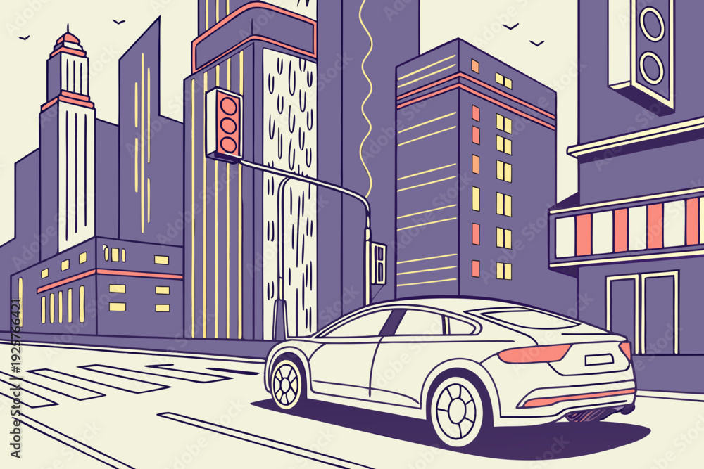 Naklejka premium Sleek Car Driving Through Modern City Street Scene.
