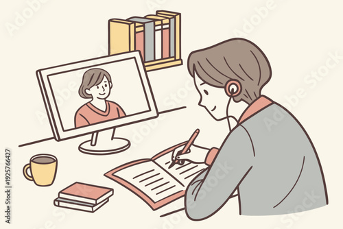 Student Learning Online with Video Call and Notebook.