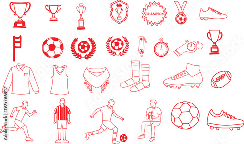 Collection of red line art icons representing various soccer and football sports equipment awards apparel and player figures for design use