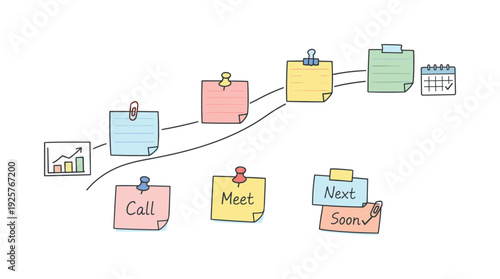 Milestone roadmap path, notebook strips as checkpoints, mini chart and calendar icons, pinned sticky notes for Appointment
