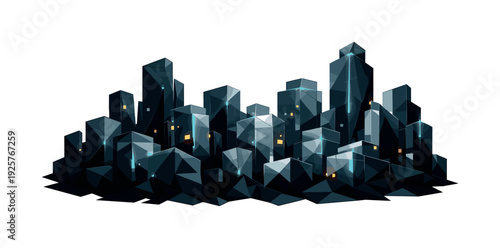 Low-poly vector illustration of night city lights in the setup phase, faceted city blocks emerging from darkness with sparse