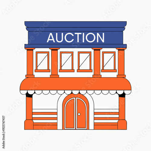 A colorful cartoon illustration of an auction house building