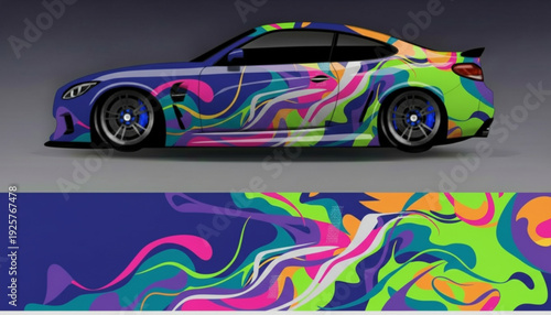 A modern sports car with a vibrant abstract fluid art wrap design, showcasing a dynamic and colorful exterior.