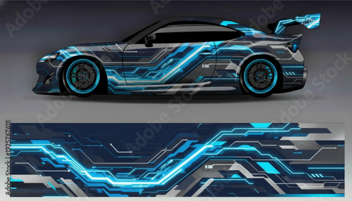 Futuristic sports car with a vibrant blue circuit board graphic decal design.