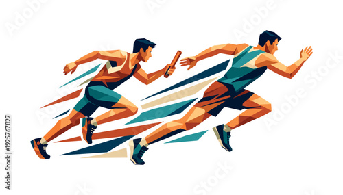 Low-poly vector illustration of relay runners accelerating into the exchange zone, explosive synchronized motion with elongated