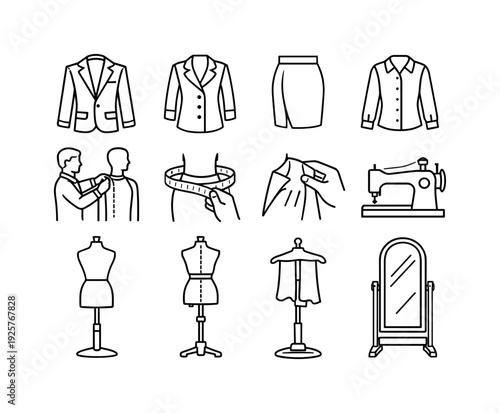 Line style vector icons of custom tailoring service: suit, coat, skirt, blouse; fitting, measure, adjust, sew; mannequin, form,