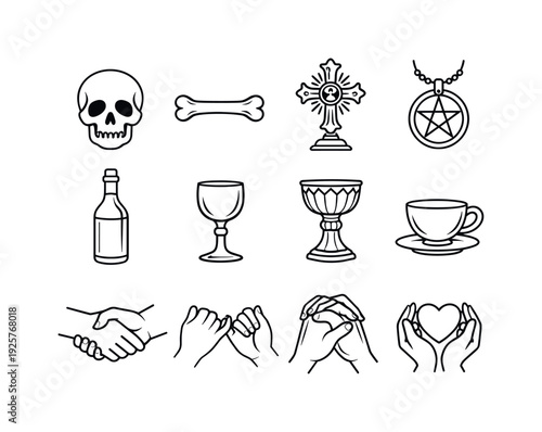 Line style of dark romantic symbolism vector icons: skull, bone, relic, charm; wine, goblet, chalice, cup; oath, promise, bond,