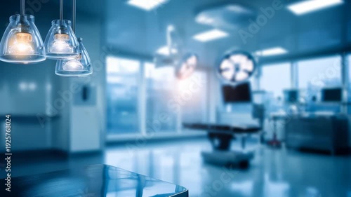 State of the art operating theater featuring high tech surgical lights and stainless steel surfaces, emphasizing hygiene and innovation. Empty hospital room ready for medical procedures