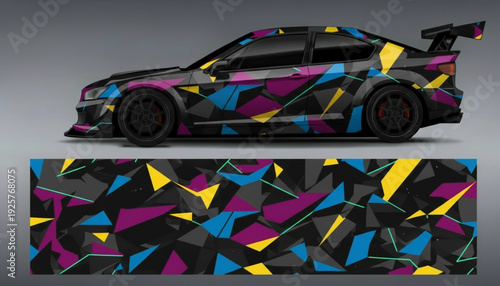 A sleek black car with a vibrant geometric camouflage wrap design featuring yellow, blue, and purple triangles, displayed with the full wrap pattern below.
