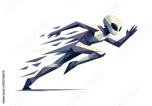 Alien Sprint Vector. Low-poly vector illustration of an alien accelerating into a full sprint chase, dynamic diagonal composition