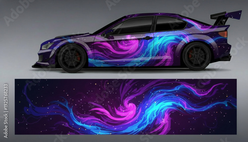 Side view of a custom sports car with a vibrant purple and blue galaxy-themed vinyl wrap, showcasing cosmic nebula patterns and stars.
