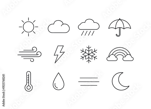 Line style vector icons of Spring weather: Sun, Cloud, Rain, Umbrella; Wind, Lightning, Snowflake, Rainbow; Thermometer, Raindrop