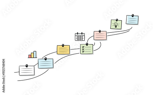 Milestone roadmap path, notebook strips as checkpoints, mini chart and calendar icons, pinned sticky notes for Minimalist bullet