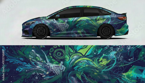 Custom wrapped dark blue sedan with abstract green and blue organic design, showcasing intricate patterns.