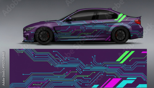 Purple sports car with a futuristic circuit board graphic wrap design and matching decal.