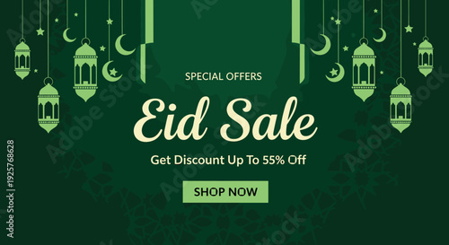 Modern green Eid sale promotional web banner design offering up to fifty five percent discount with hanging decorative lanterns.