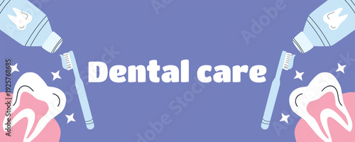 Dental Care Banner with Healthy Teeth, Toothbrush, Toothpaste and Mouthwash, Oral Hygiene Concept