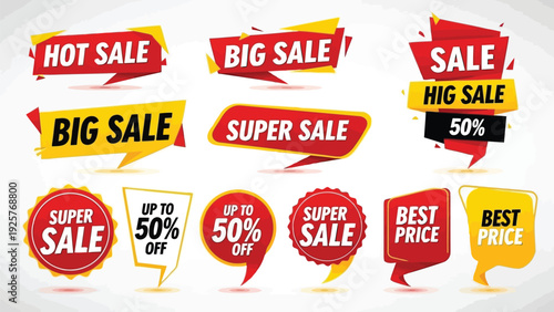 Sale banners featuring various discount labels and promotional tags for retail stores