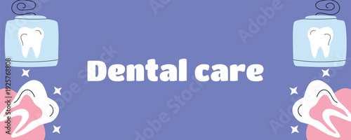 Dental Care Banner with Healthy Teeth and Dental Floss, Oral Hygiene Concept Flat Vector Illustration