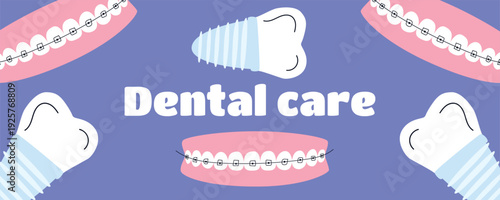 Dental Care Poster with Tooth Filling and Teeth with Braces, Orthodontic and Caries Treatment Concept Vector Illustration