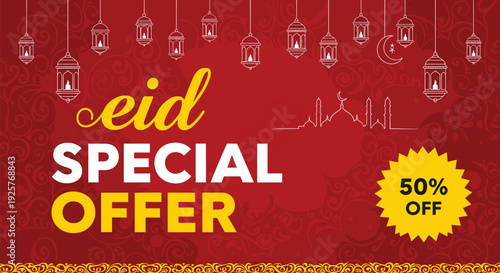 Promotional Eid special offer sale banner on red patterned background with fifty percent off discount badge and hanging traditional lantern decorations.