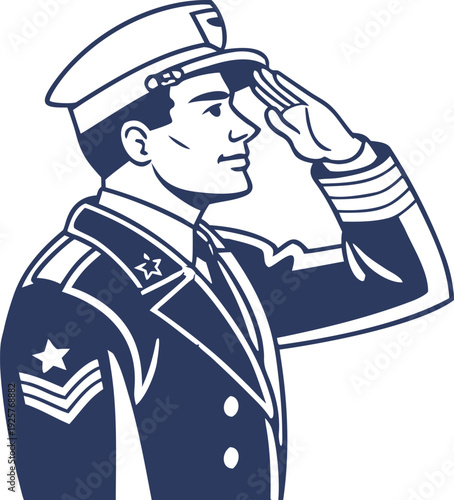 Navy blue military man saluting with white hat and uniform details salute