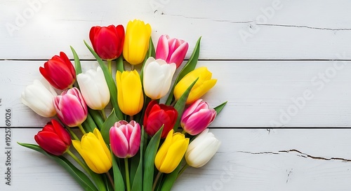 Vibrant tulips for spring sale colorful bouquet of red yellow pink and white tulips on white wood background