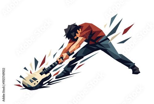 Low-poly vector illustration of a musician accelerating into the guitar smash, dynamic diagonal composition with the guitar
