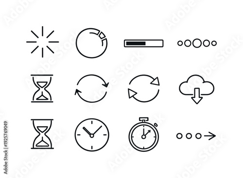 Line style vector icons of Interface loading icons: spinner, loader, progress, buffer; wait, refresh, sync, fetch; hourglass,