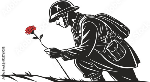 Vintage war ii soldier silhouette holding red rose flower