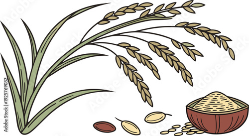 Rice plant with grains and ceremonial offerings bowl coins