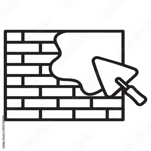 Line art illustration of a brick wall being plastered with a trowel, representing construction and masonry work