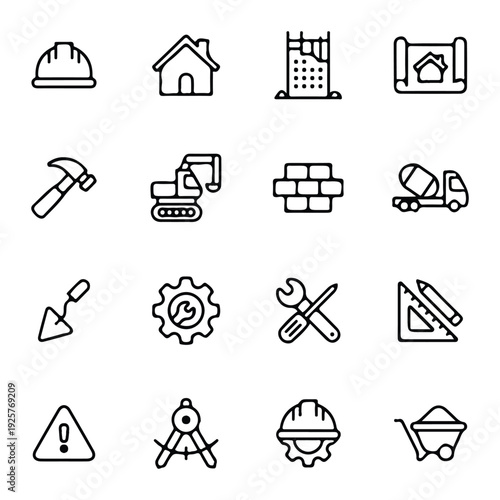 Set of icons for construction, building tools, engineering, and architectural projects.