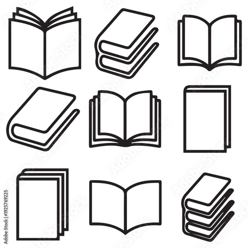 Various book icons in different positions including open books, stacked books, and covers for education and library concepts