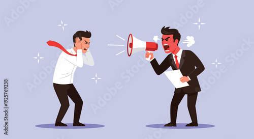 Angry Boss Yelling at Employee with Megaphone Vector Illustration.