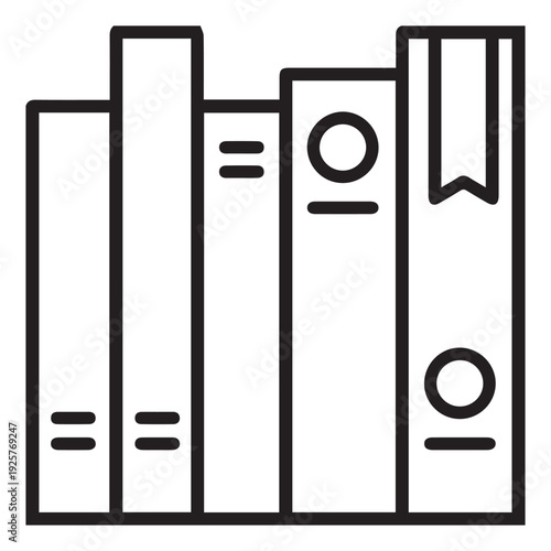 Minimalist line icon representing books or folders standing on a shelf with a bookmark.
