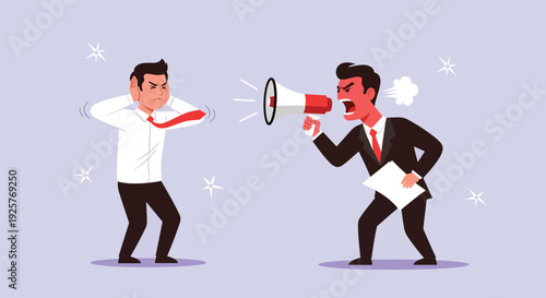Angry Boss Yelling at Employee with Megaphone.